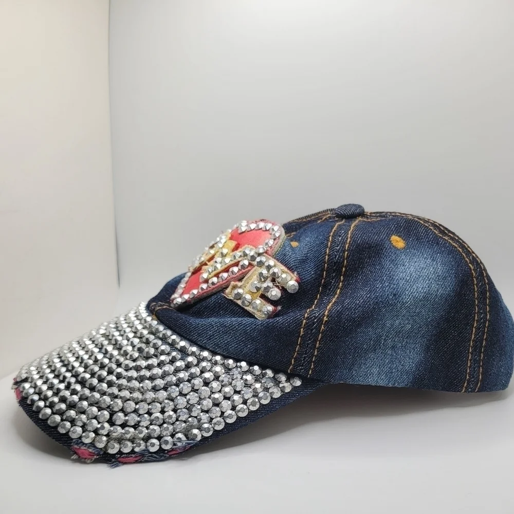 Distressed Denim Embellished Beaded Ball Cap 